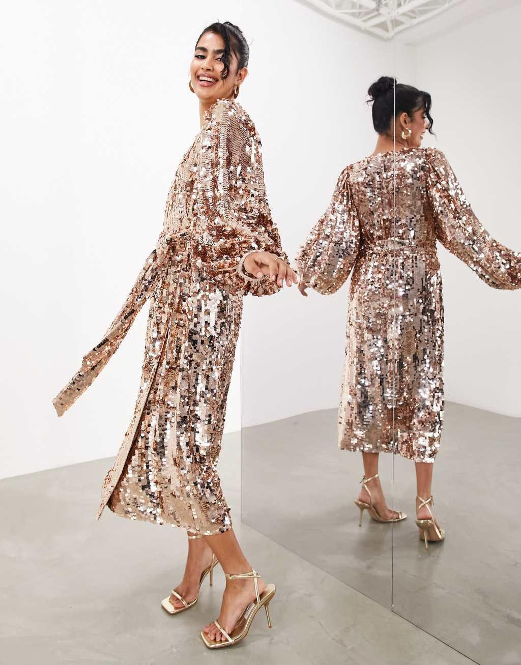 ASOS EDITION batwing sleeve sequin wrap midi dress in gold Product Image