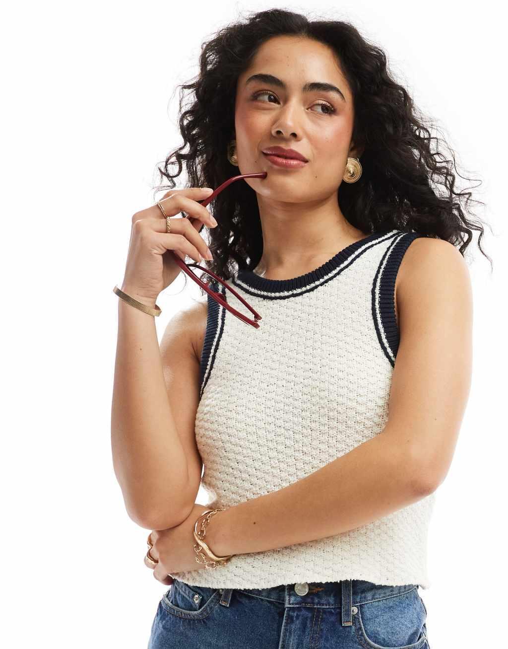 ASOS DESIGN knitted scoop racer tank top in textured yarn with tipping in cream Product Image