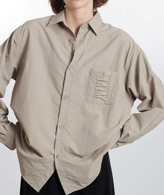 Long Sleeve Collared Plain Oversized Shirt Product Image