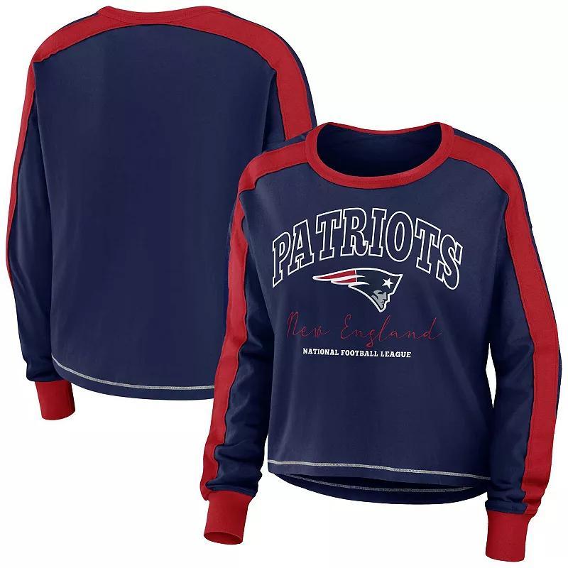 Womens WEAR by Erin Andrews /Red New England Patriots Color Block Modest Crop Long Sleeve T-Shirt Blue Product Image