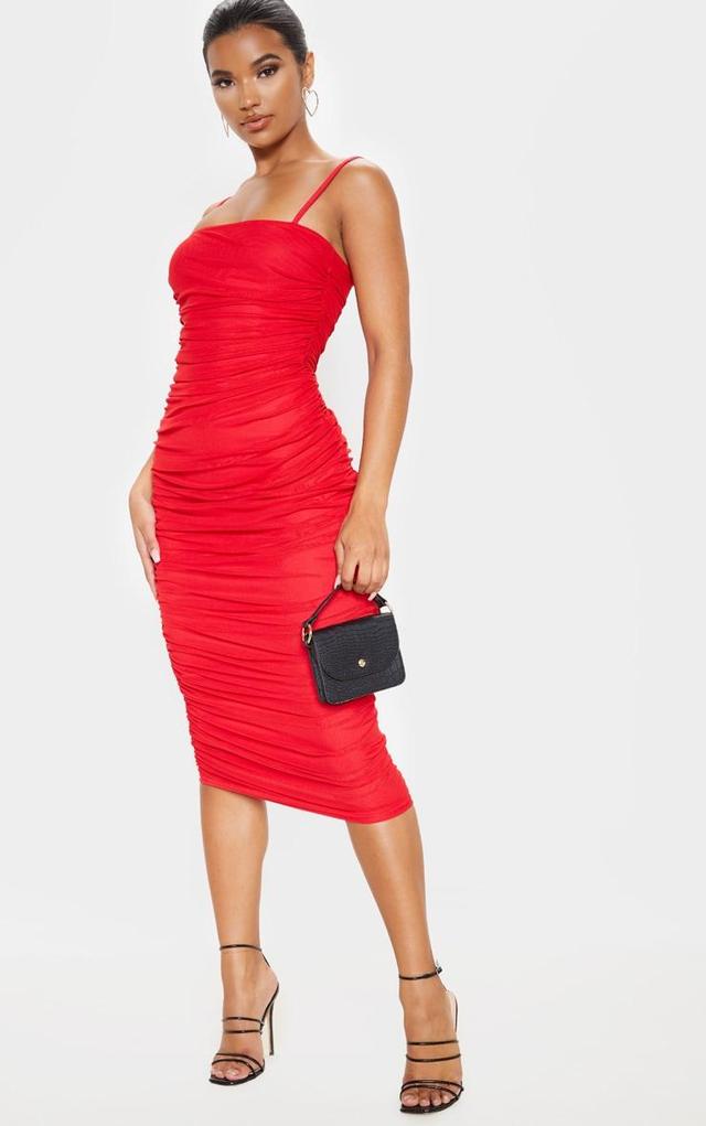 Red Strappy Mesh Ruched Midaxi Dress Product Image