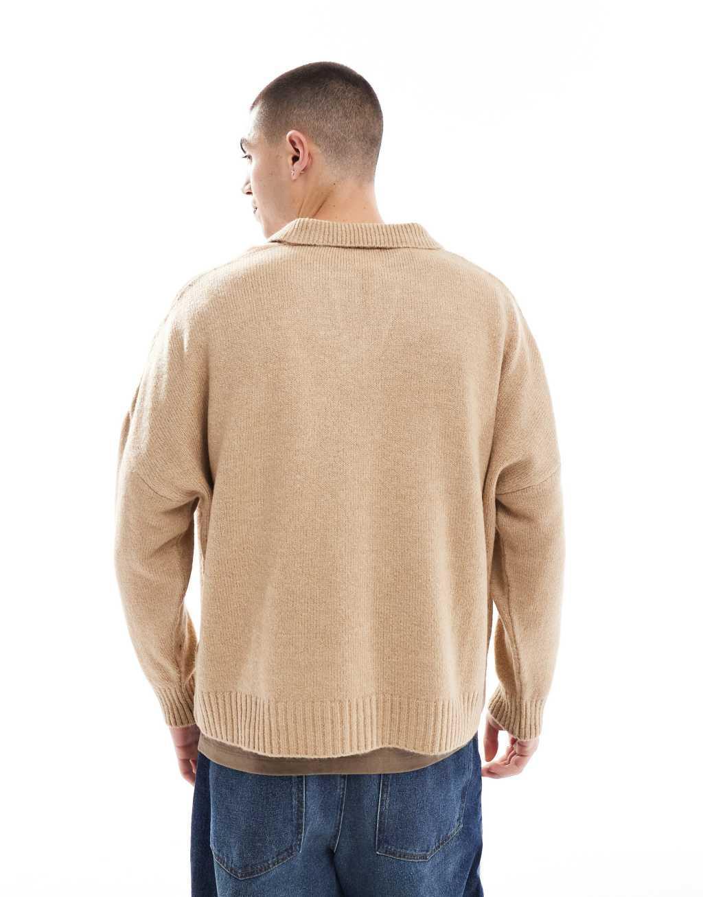 ASOS DESIGN super oversized boxy fit brushed knitted notch neck sweater in beige Product Image