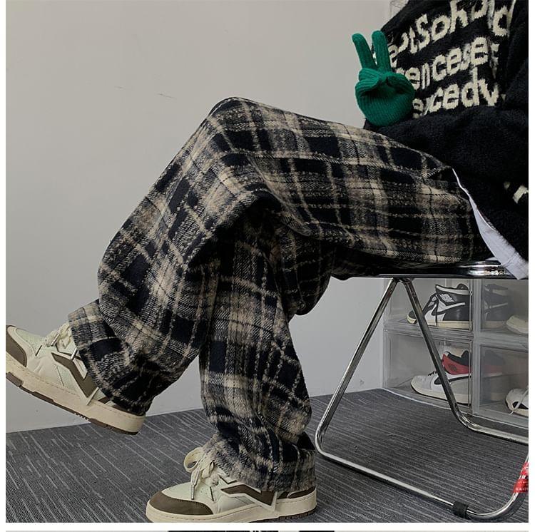 High Rise Plaid Straight Leg Pants Product Image