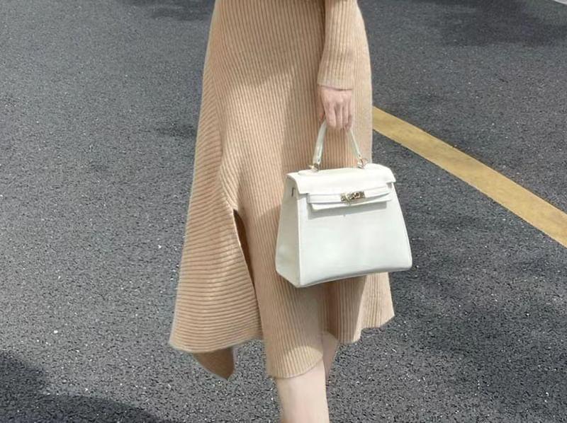 One-Shoulder Long Sleeve Plain Ribbed Midi Knit Dress Product Image