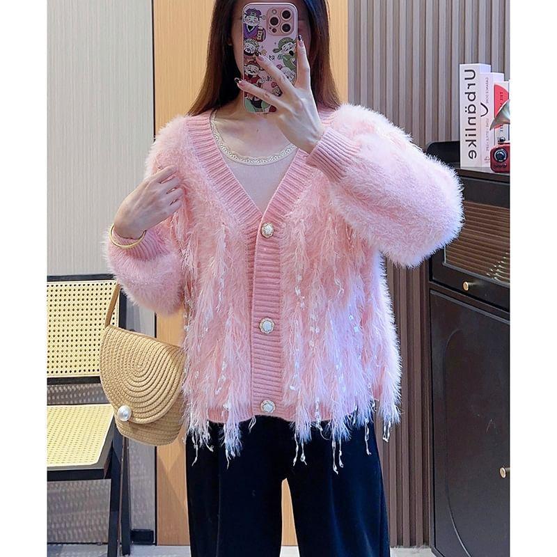 V-Neck Plain Fluffy Sweater Product Image