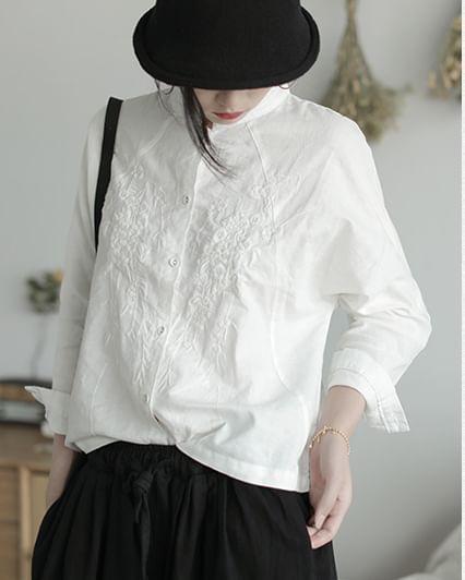 Long Sleeve Stand Collar Embroidered Blouse Product Image