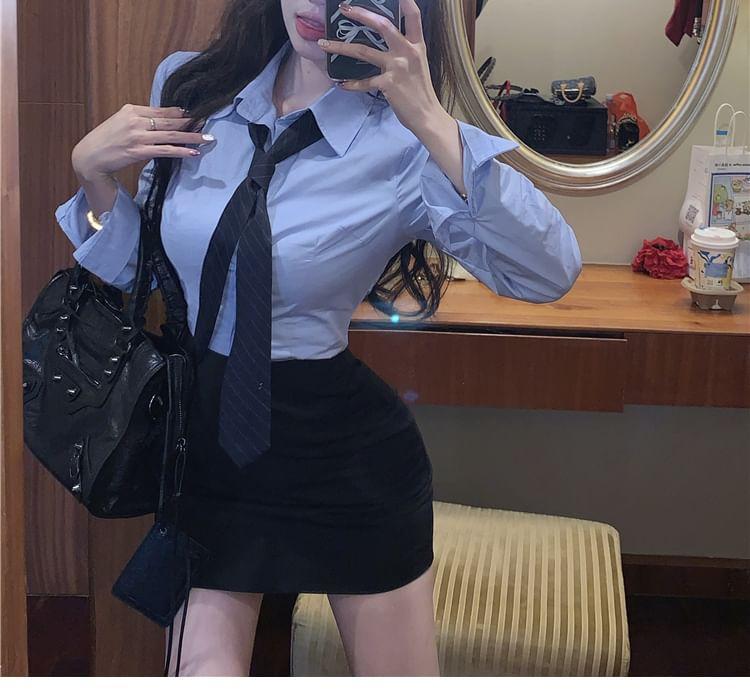 Long-Sleeve Plain Button-Up Shirt / High Rise Mini Pencil Skirt Product Image