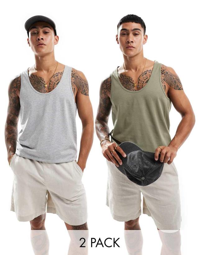 ASOS DESIGN 2 pack tank tops in khaki and gray heather Product Image