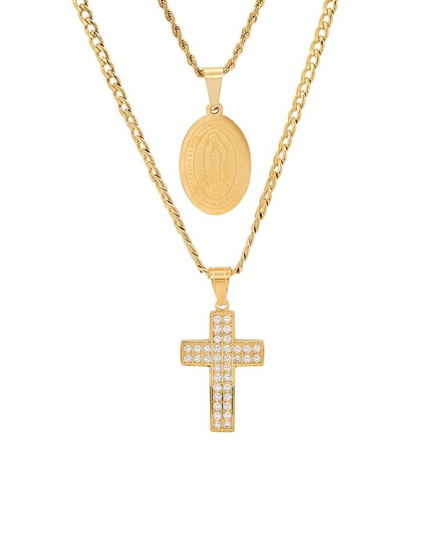 Steeltime Mens 2 Pieces 18k Gold Plated Stainless Steel and Simulated Diamonds Double Layered Cross and Our Lady of Guadalupe Pendant Set Product Image