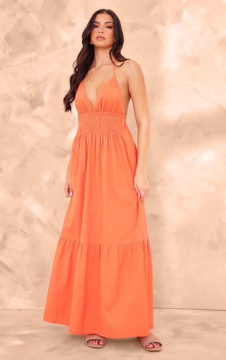 Bright Orange Linen Look Plunge Strappy Backless Maxi Dress Product Image