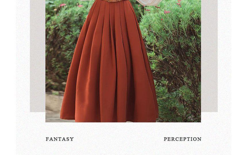 Puff-Sleeve Floral Embroidered Blouse / High Waist Plain Midi A-Line Skirt / Belt / Set Product Image