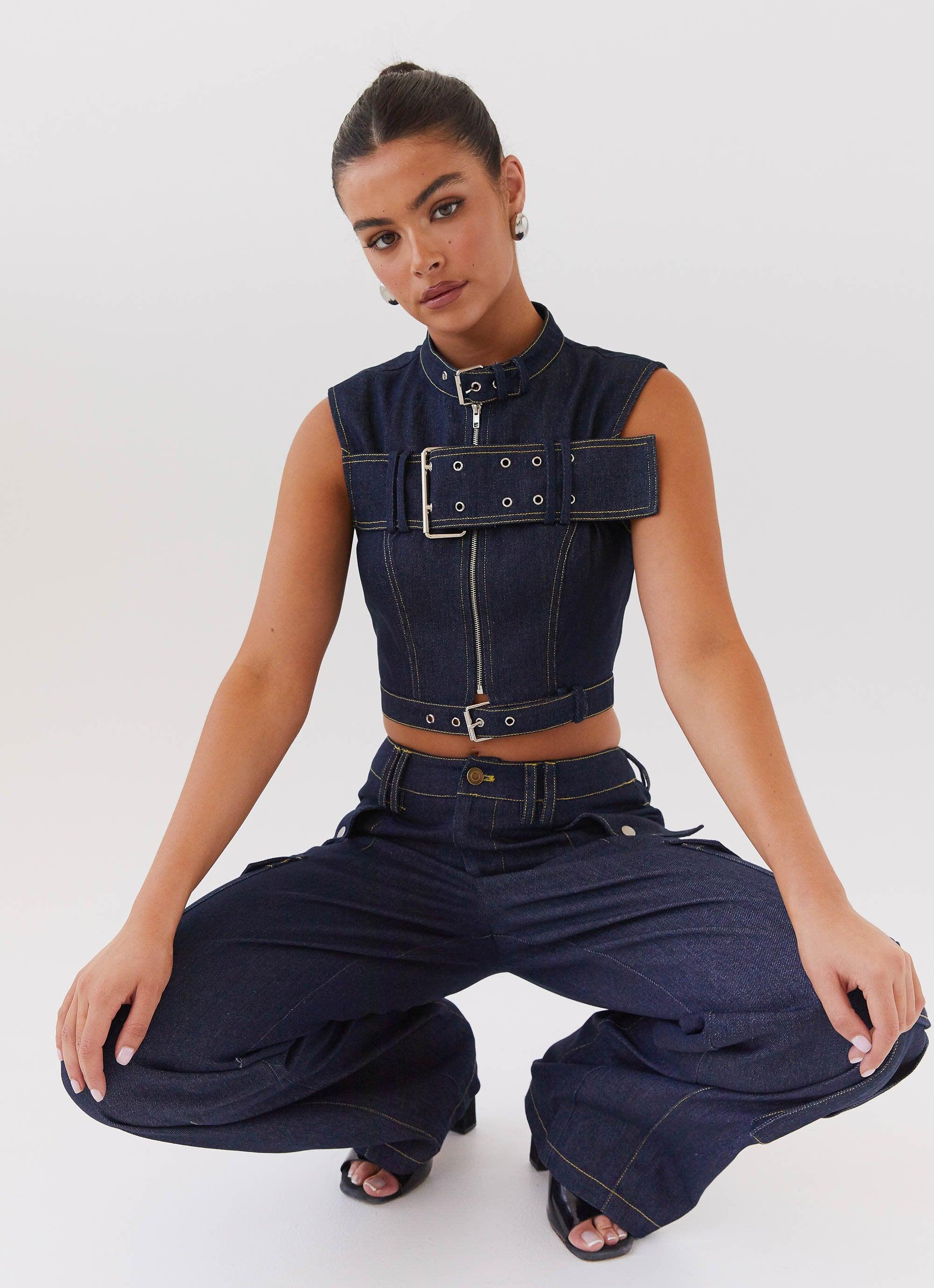 Greedy Denim Buckle Top - Indigo Product Image