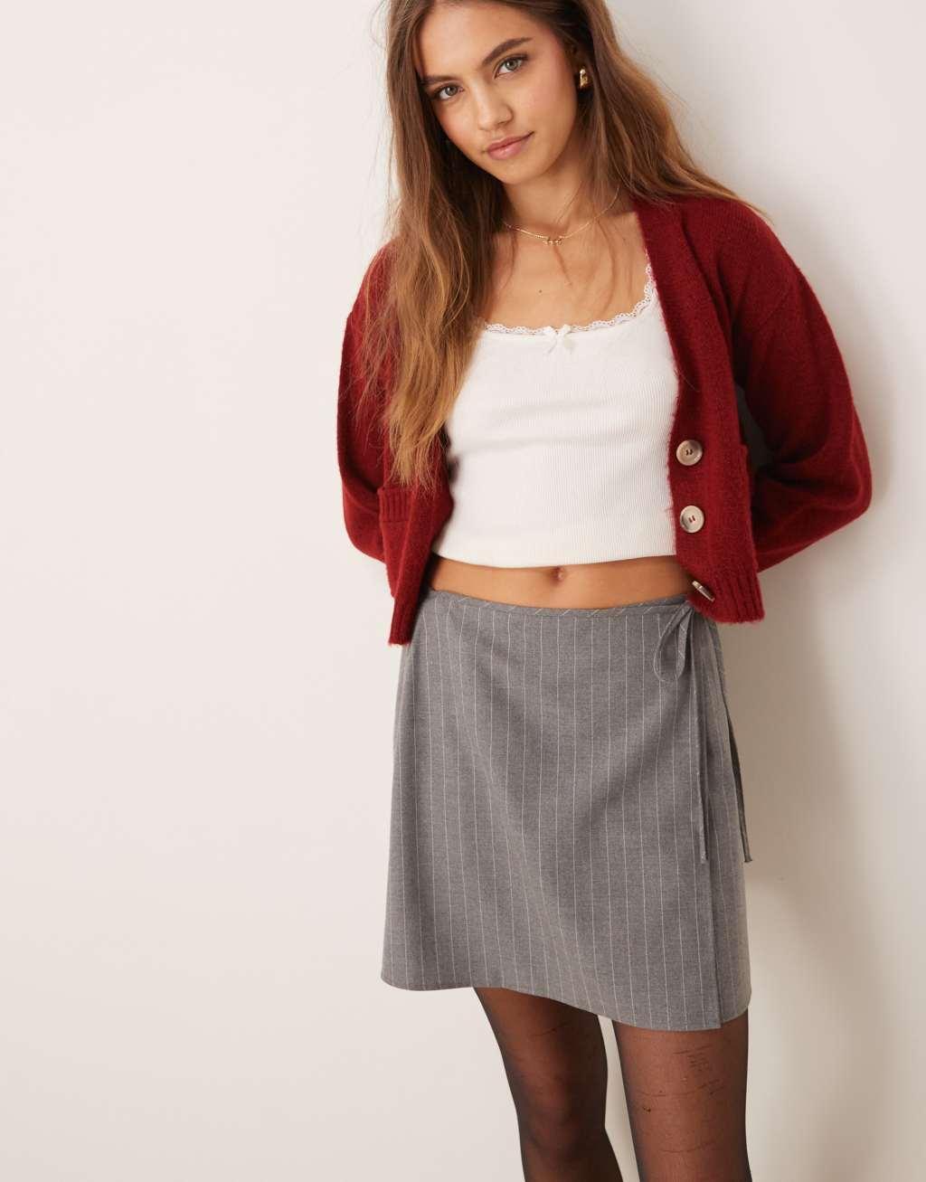 ASOS DESIGN wrap mini skirt gray pinstripe Product Image