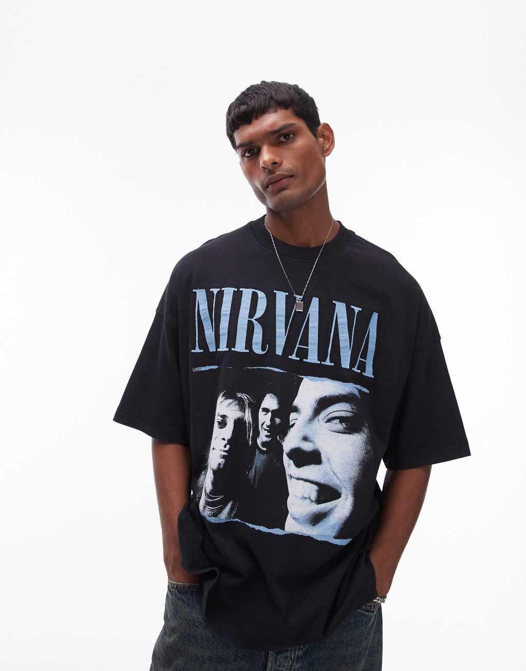 Topman oversized fit t-shirt with Nirvana print in washed black Product Image