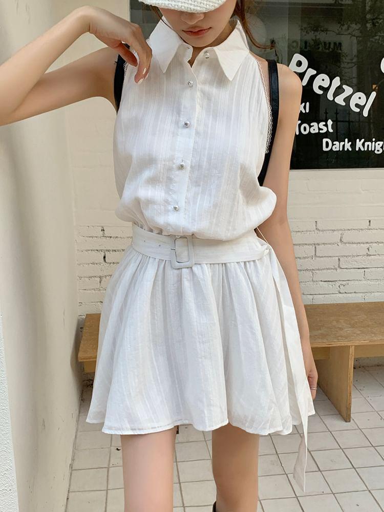 Sleeveless Button-Up Plain A-Line Dress Product Image