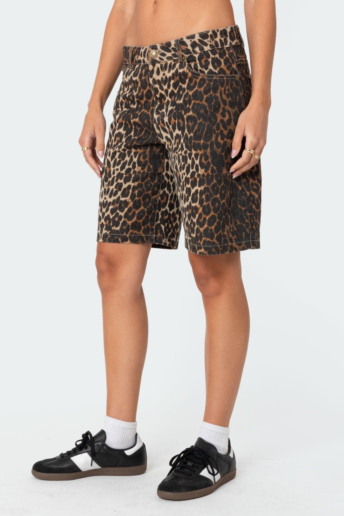 Leopard Low Rise Denim Bermuda Shorts Product Image