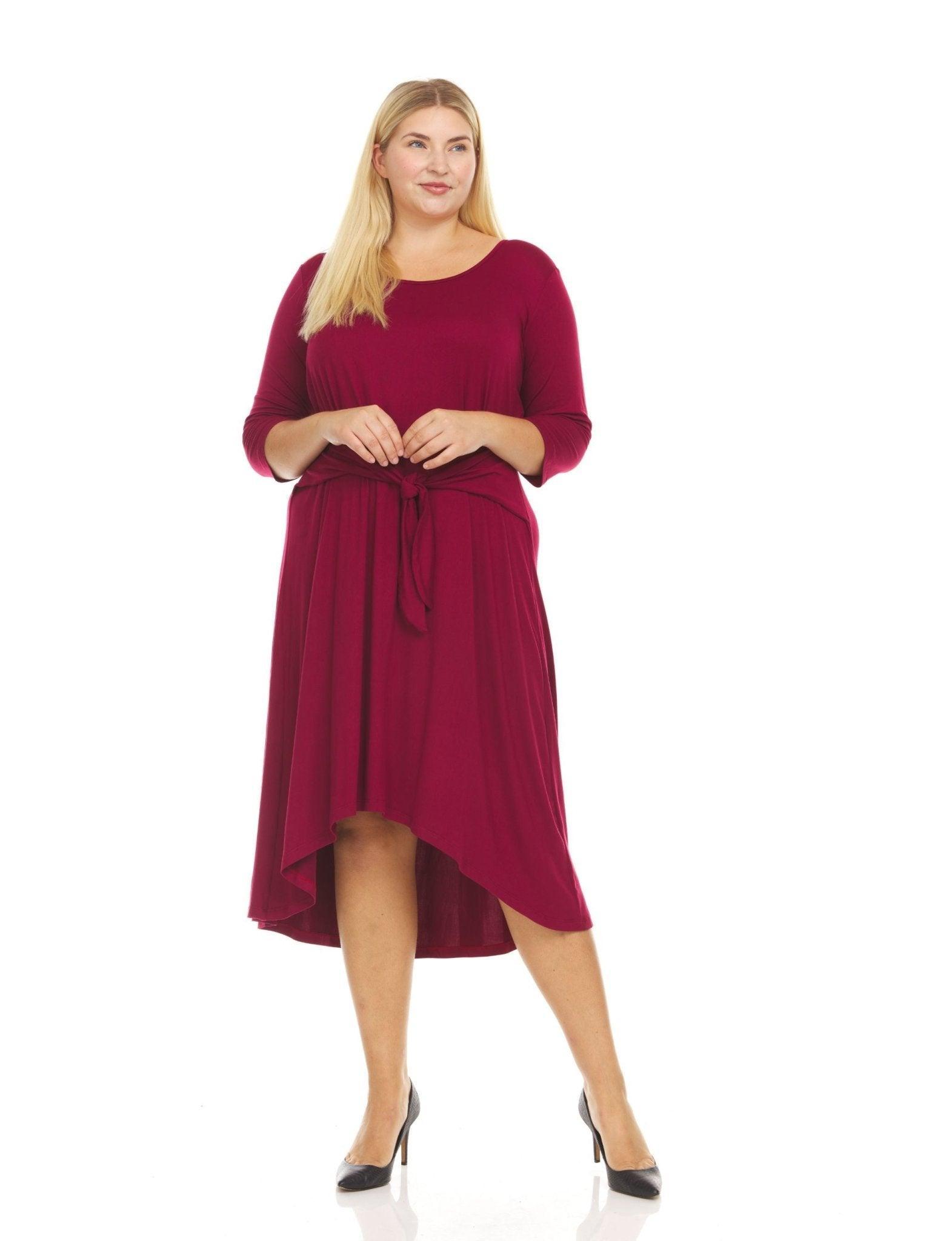 3/4 Sleeve Solid Color Scoop Neck Midi Dress With Self Tie Belt - Plus product image