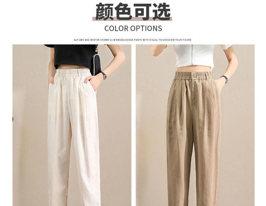 Elastic High Waist Plain Button-Fly Crop Tapered Pants Product Image