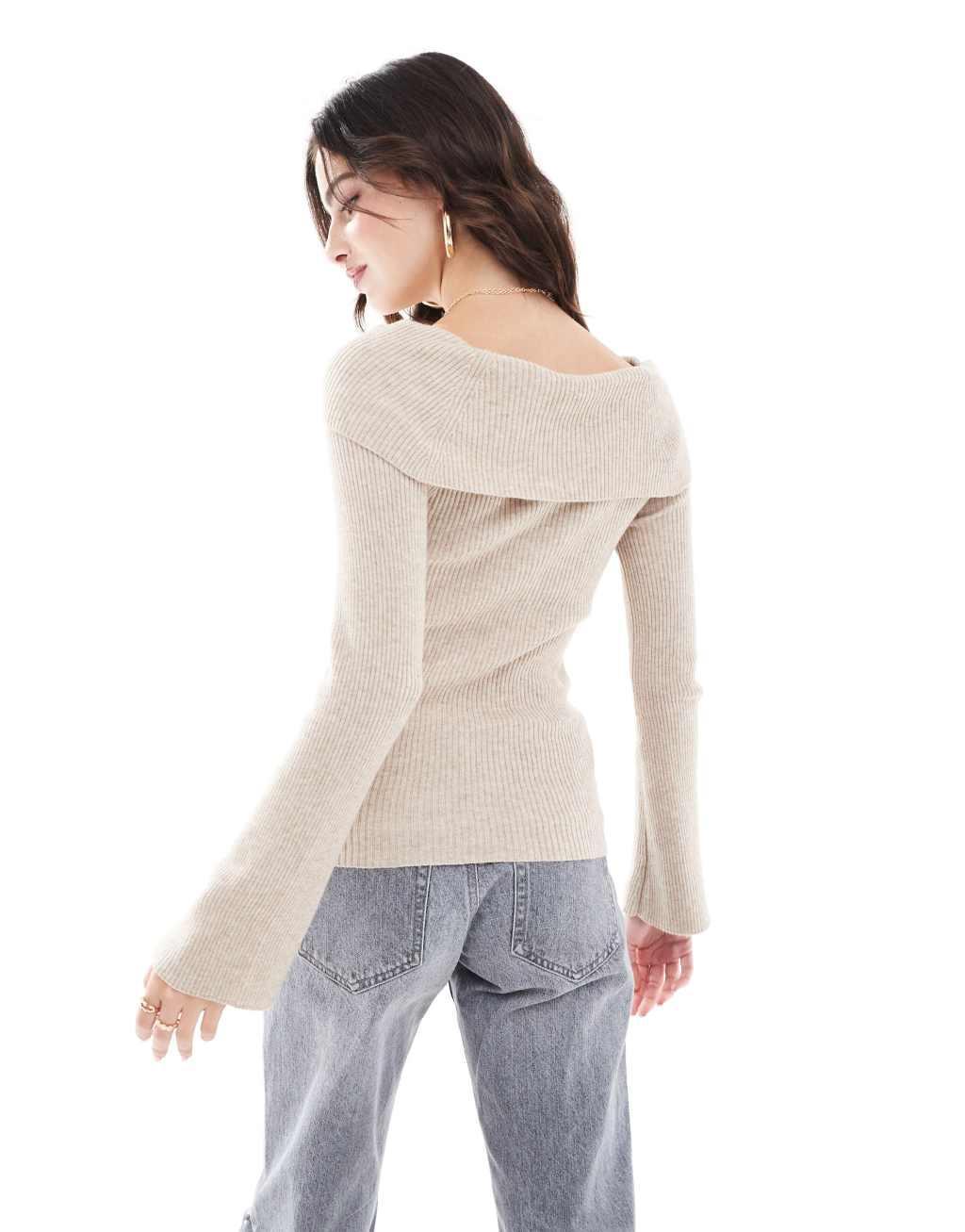 ONLY off-shoulder knit sweater in beige Product Image