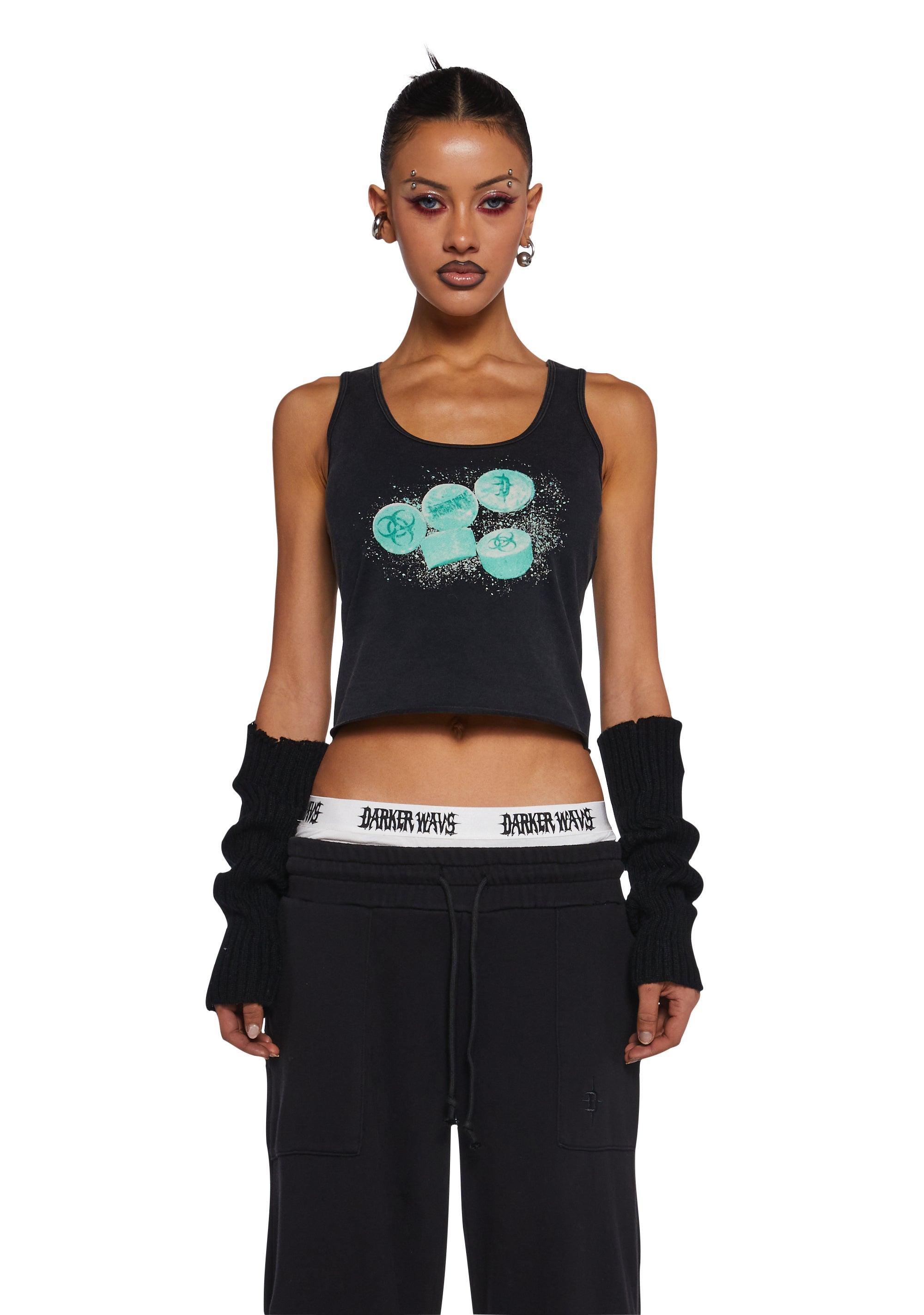 Darker Wavs Stretchy Washed Knit Cropped Racerback Graphic Tank Top - Black Product Image