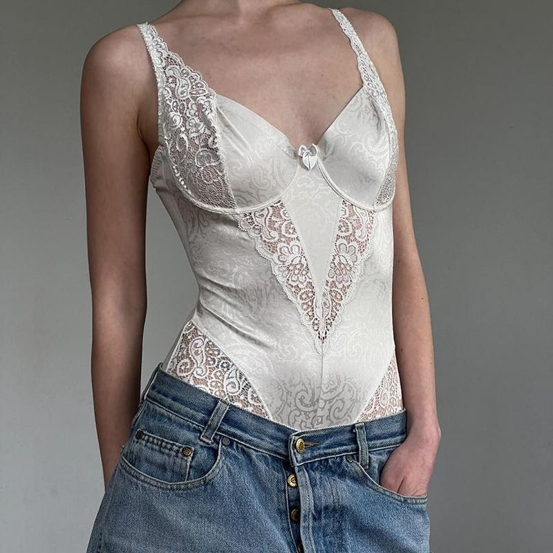 Sleeveless V-Neck Lace Bodysuit Top Product Image