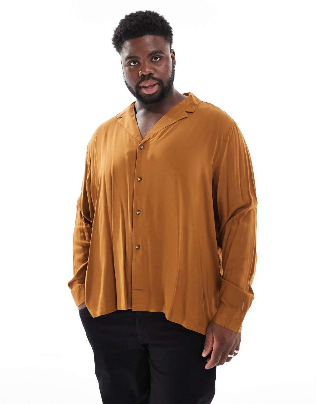 ASOS DESIGN relaxed deep camp collar viscose shirt in tan Product Image