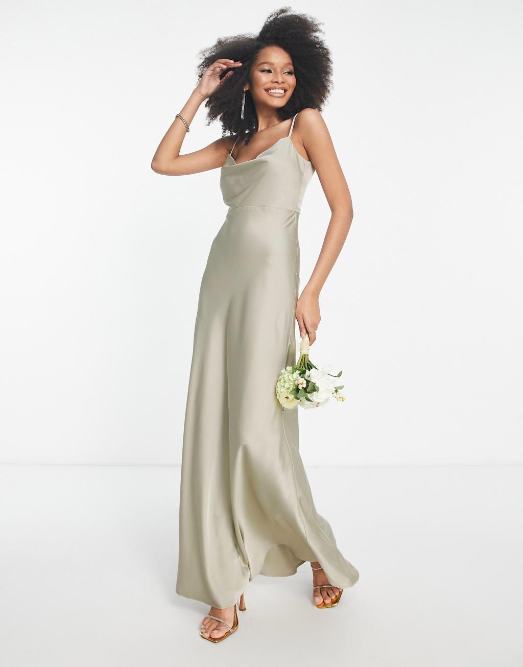 ASOS DESIGN Bridesmaid satin cowl neck maxi dress with full skirt in sage green  Product Image