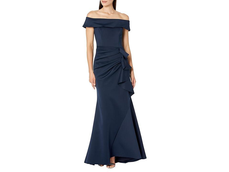 XSCAPE Long Scuba Off-the-Shoulder Side Ruffle (Midnight) Women's Dress Product Image