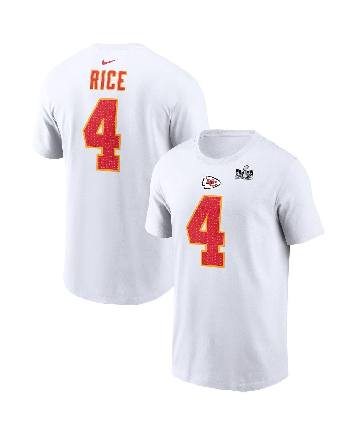 Mens Nike Rashee Rice White Kansas City Chiefs Super Bowl Lviii Patch Player Name and Number T-shirt Product Image