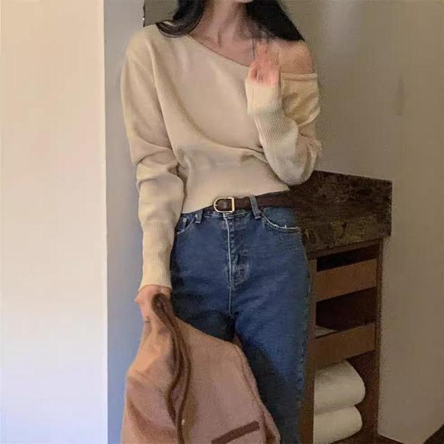 Long Sleeve Off Shoulder Plain Sweater Product Image