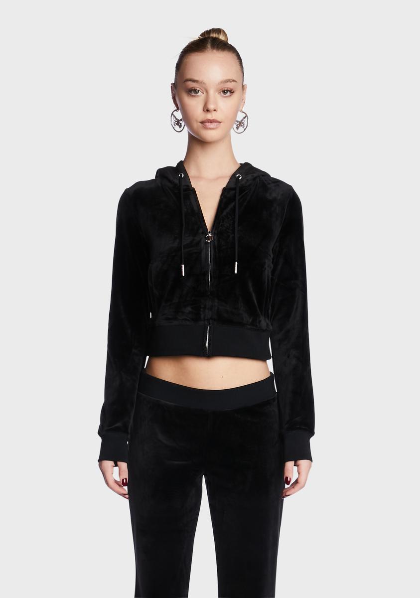 Juicy Couture Rhinestone Crop Zip Up Hoodie - Black Velour Product Image