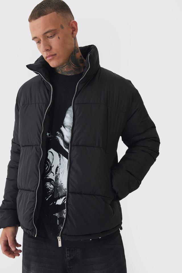 Tall Worldwide Applique Funnel Neck Puffer Jacket In Black | boohooMAN USA Product Image