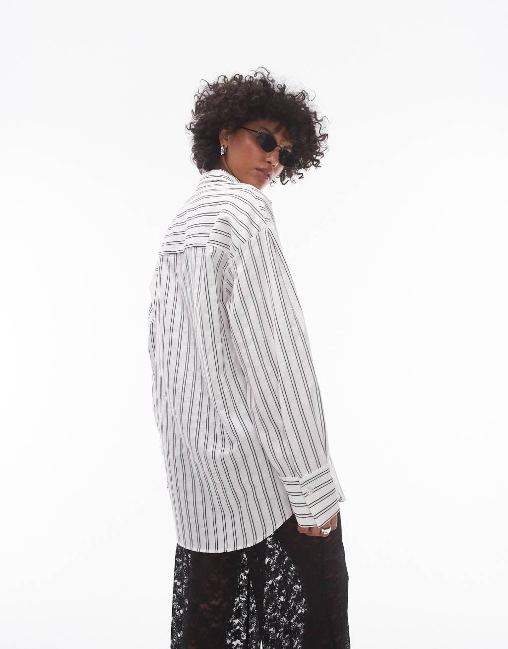 Topshop casual oversized shirt in monochrome stripe Product Image