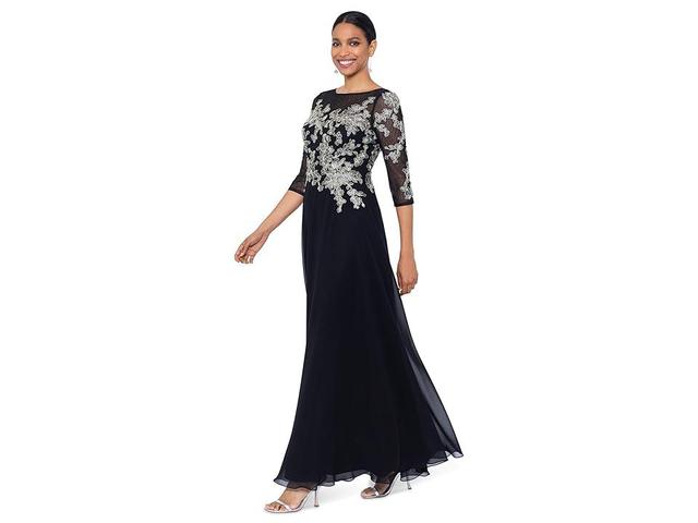 Betsy & Adam Womens Floral-Embroidered 3/4-Sleeve Gown - Black Product Image