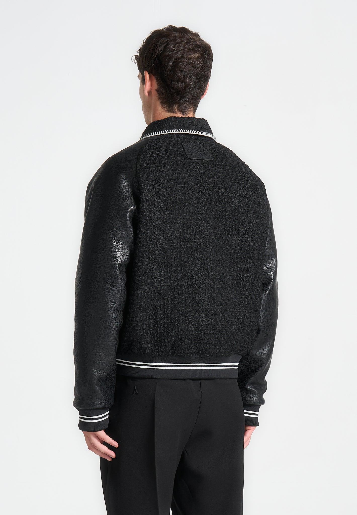 Tweed & Leather Varsity Jacket - Black Male Product Image