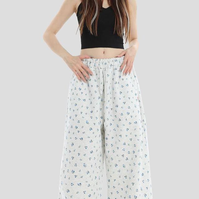 Drawstring Waist Floral Print Wide Leg Sweatpants Product Image