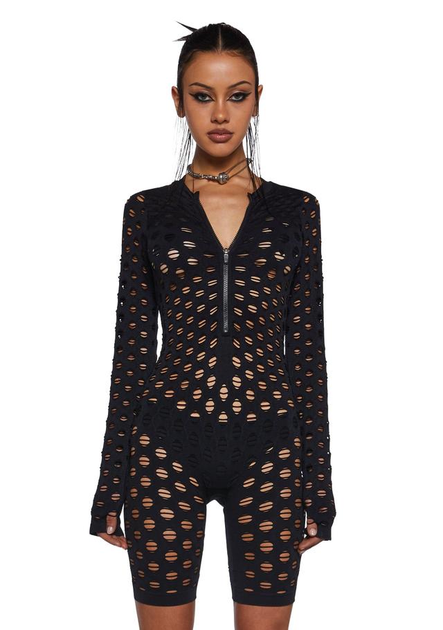 Stretchy Sheer Wide Fishnet Long Sleeve Zip-Up Romper - Black Product Image