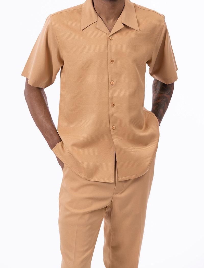 (3XL) Tan Walking Suit Tone on Tone Vertical Stripes 2 Piece Short Sleeve Set Product Image