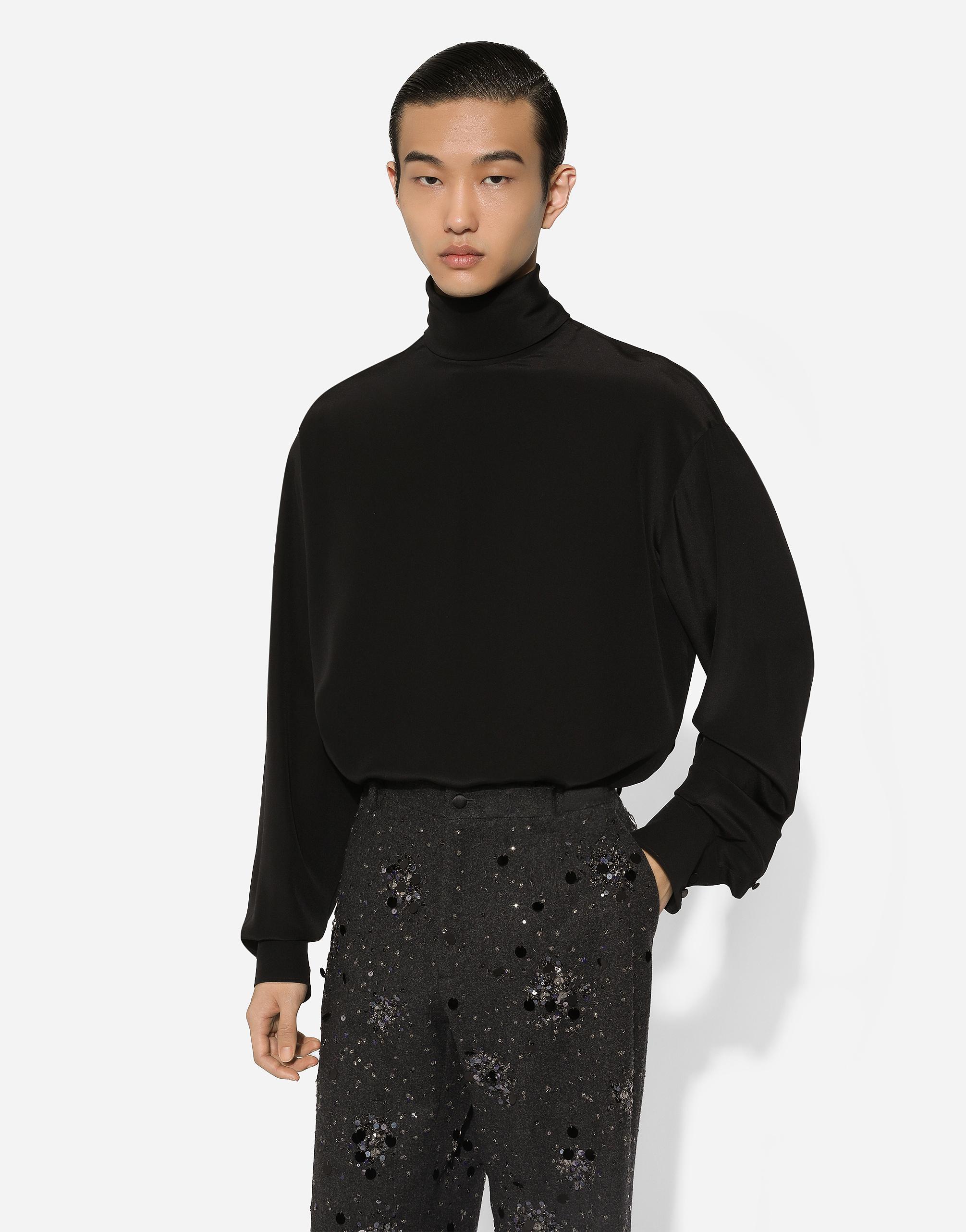 Loose Silk Turtleneck With Shirt Cuffs In Black   Product Image