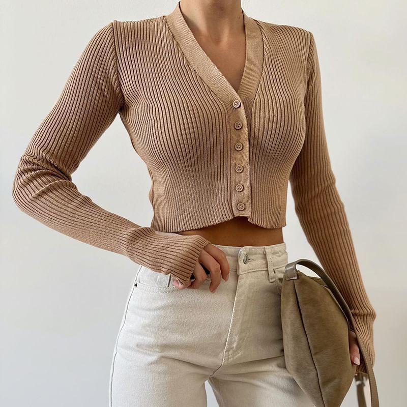 Long-Sleeve V-Neck Plain Ribbed Button Crop Knit Top Product Image