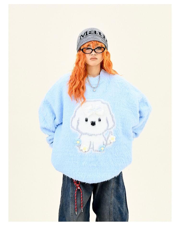 Drop Shoulder Crew Neck Puppy Embroidered Oversized Sweater Product Image