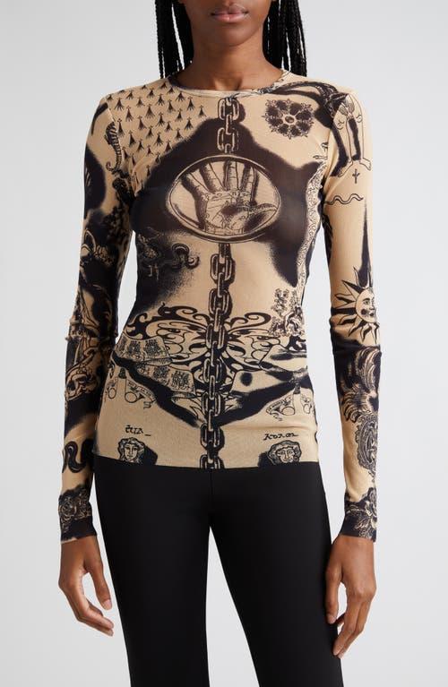 Jean Paul Gaultier Printed Heraldique Long Sleeve Crew Neck Top in Nude Product Image