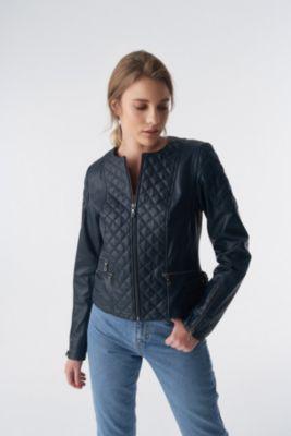 Furniq Uk Womens Genuine Leather Quilted Biker Jacket Navy Product Image