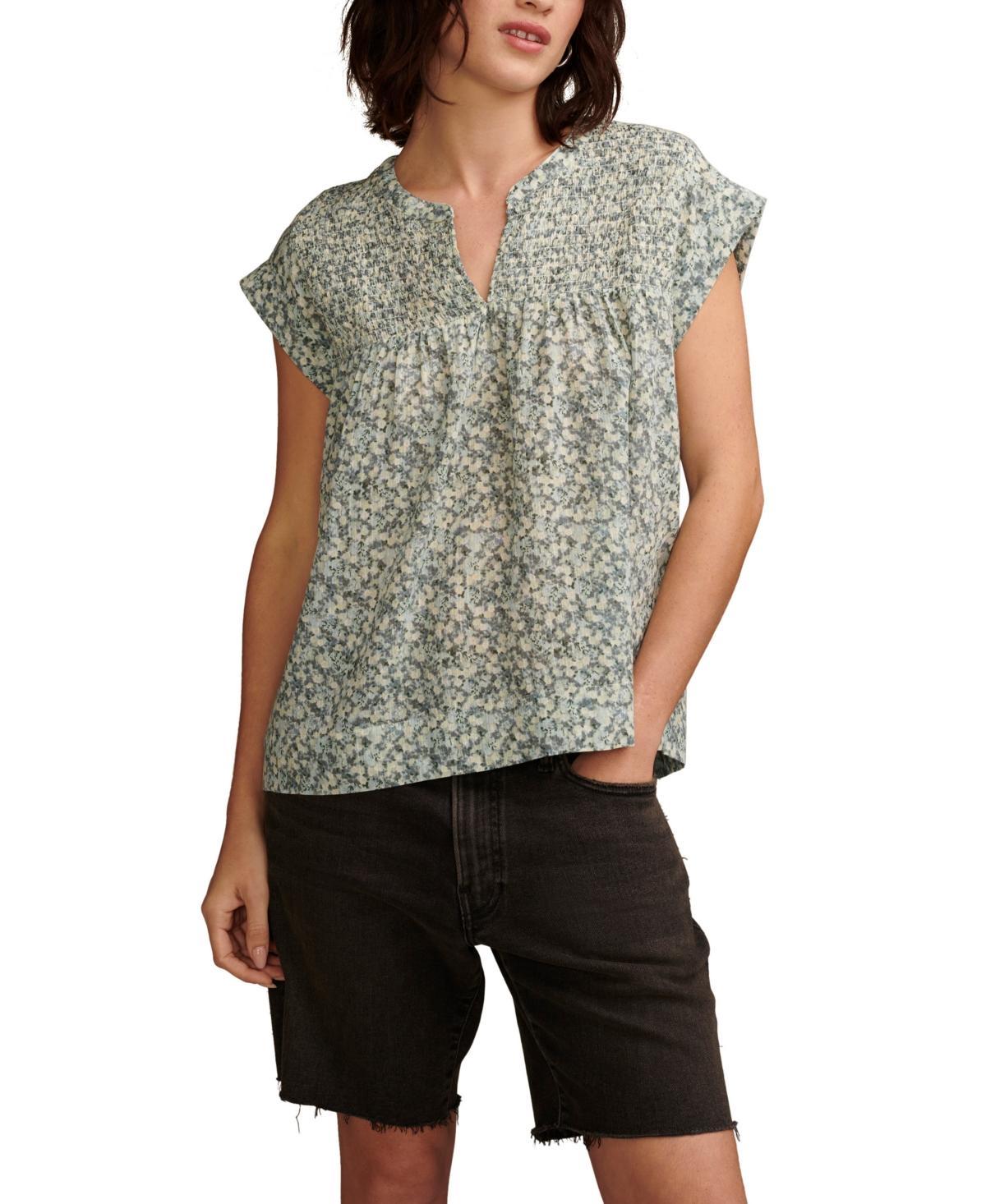 Lucky Brand Womens Printed Smocked Short-Sleeve Top Product Image