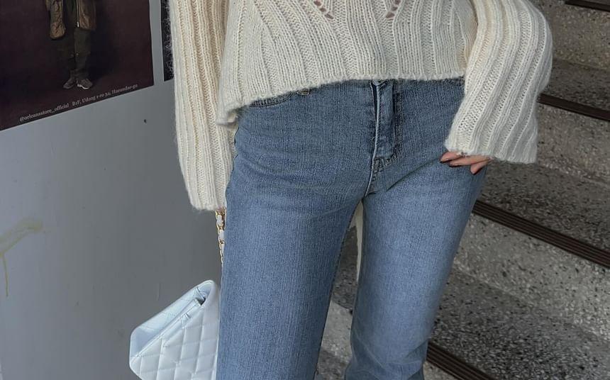 Crew Neck Cutout Tie Back Ribbed Sweater Product Image