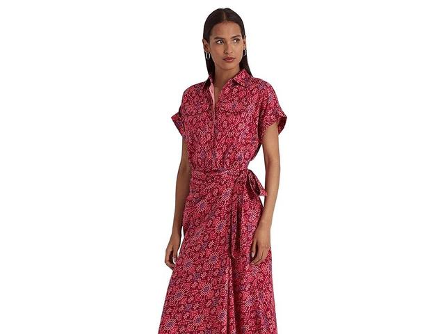 Lauren Ralph Lauren Petite Geo-Print Shantung Tie-Waist Dress (Fuchsia ) Women's Clothing Product Image