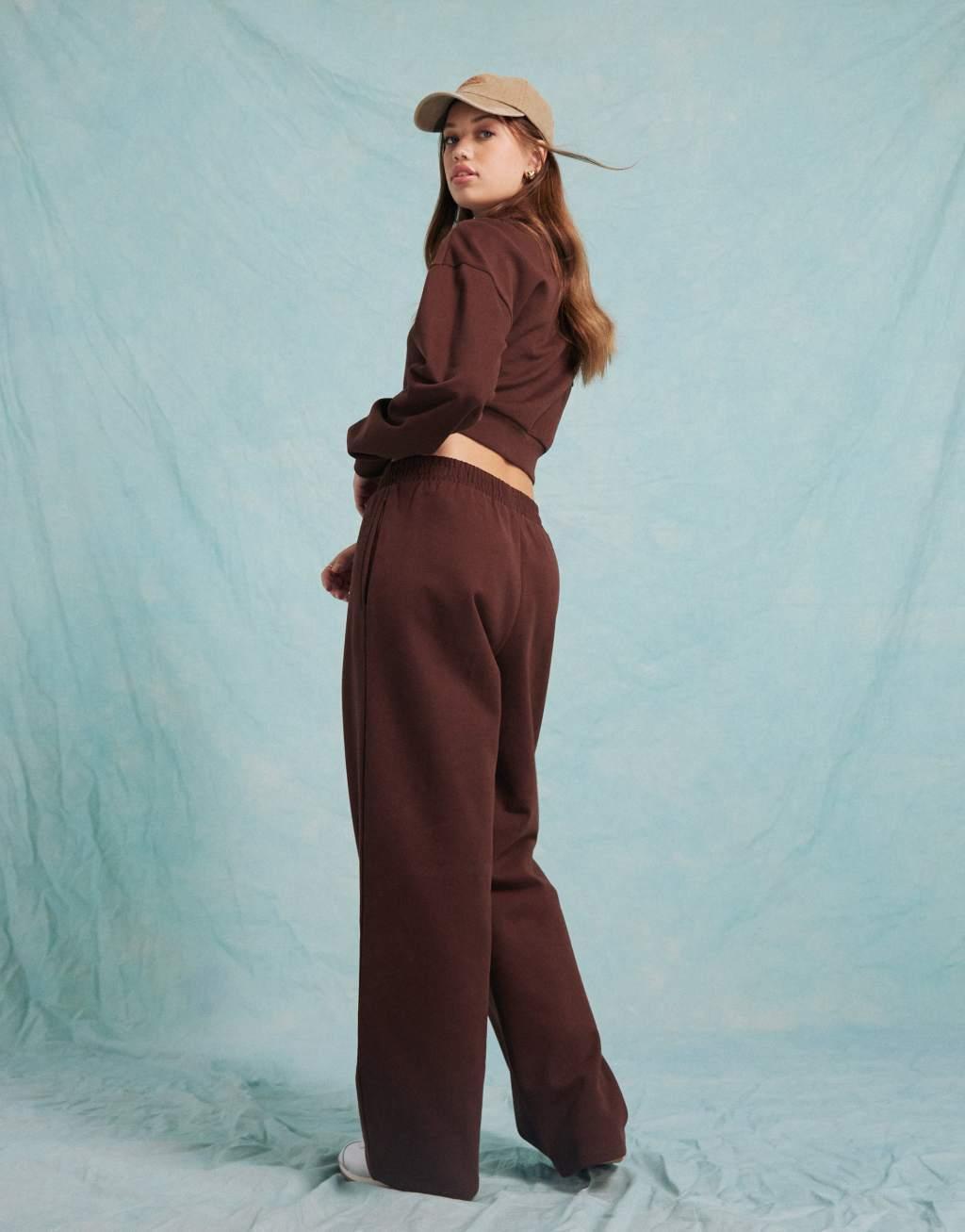 Miss Selfridge wide leg sweatpants in chocolate - part of a set Product Image