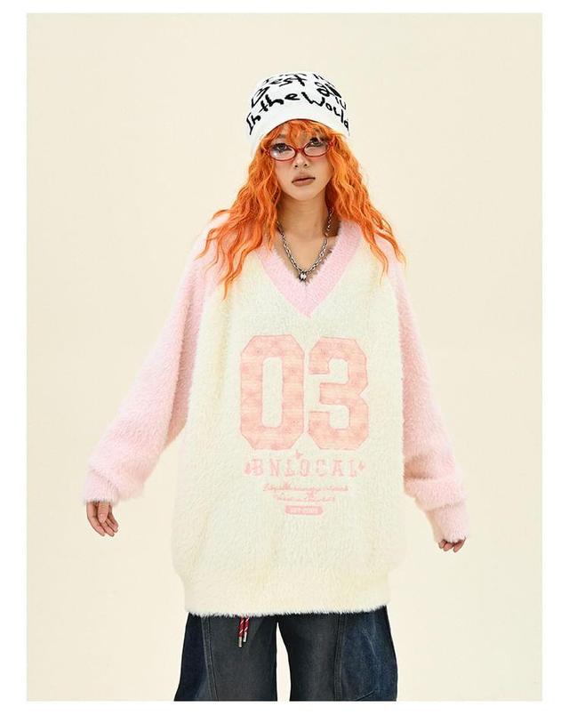 V-Neck Fluffy Numbering Raglan Oversized Sweater Product Image