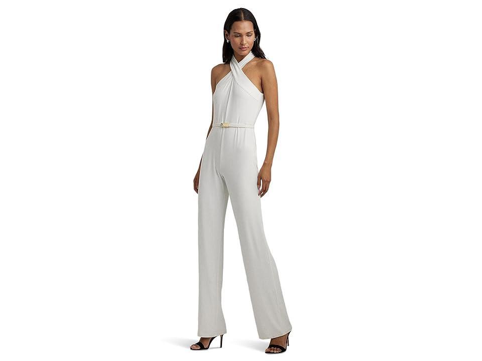 Lauren Ralph Lauren Belted Jersey Halter Wide-Leg Jumpsuit Women's Dress Product Image