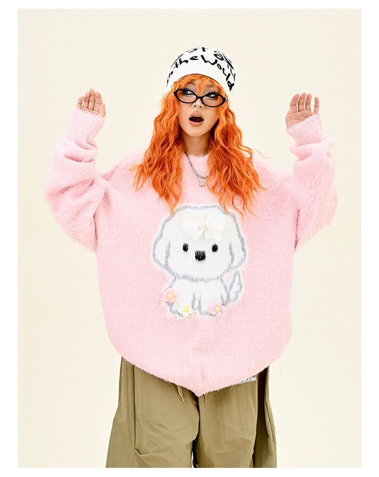 Drop Shoulder Crew Neck Puppy Embroidered Oversized Sweater Product Image